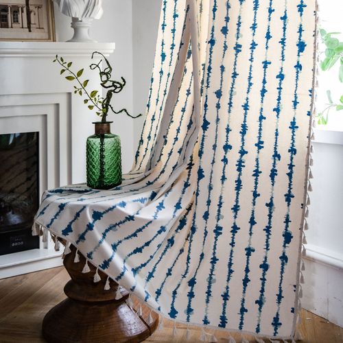 窗帘蓝色竖条条纹几何印花厨房帘窗帘成品飘窗半遮光